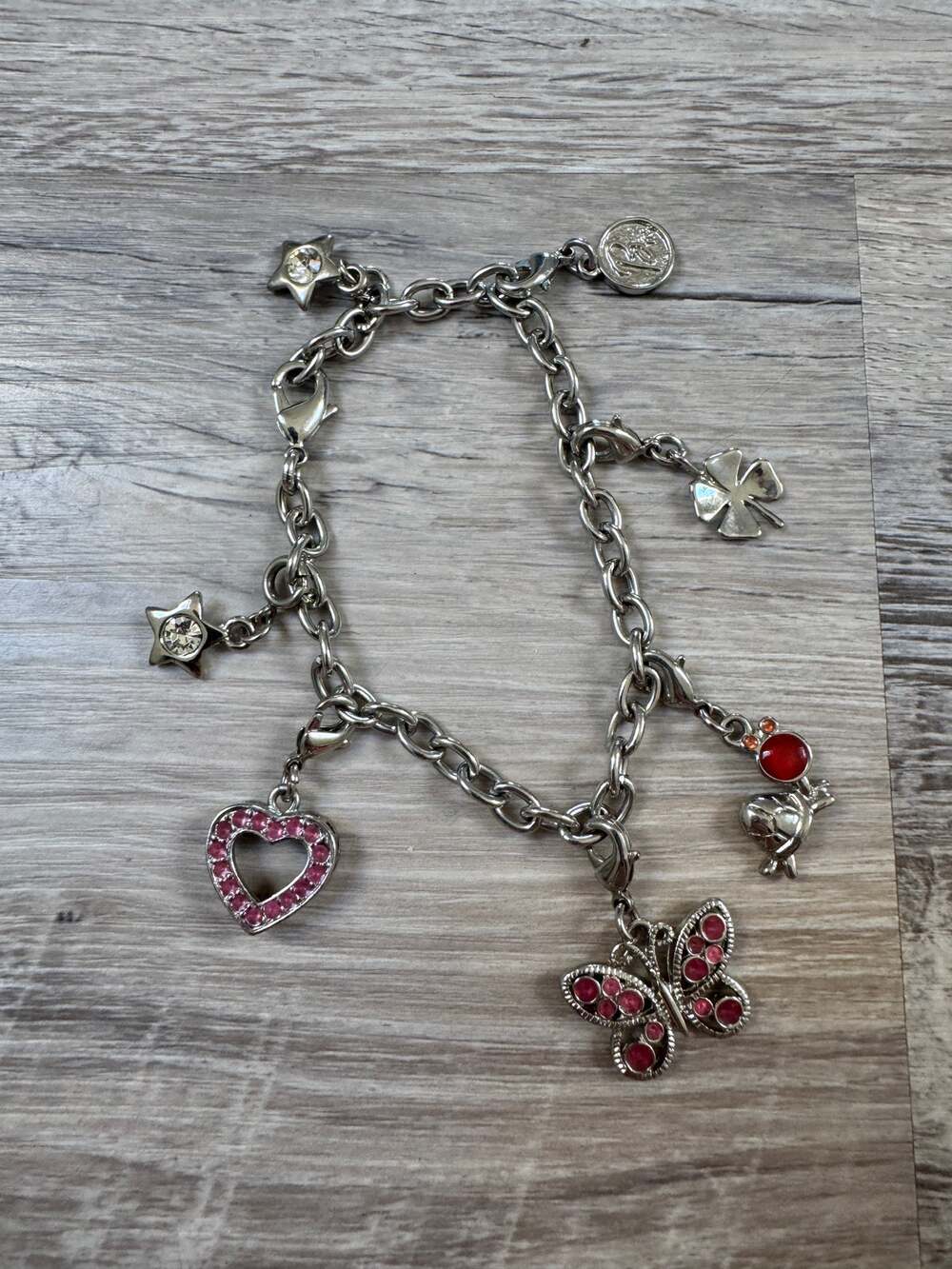 Vintage Y2K Barbie Silver Tone Charm Bracelet Butterfly Heart Rhinestone Cute